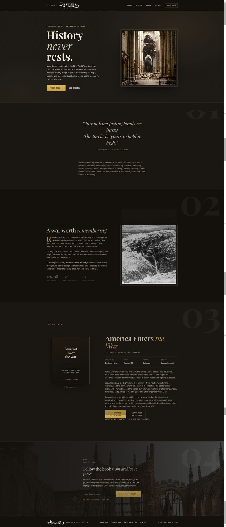 Restless History website full-page design